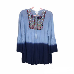 oSo Casuals Tie Neck Top Size S Boho Aztec Woven Dip-Dye Bell Sleeve Embroidered